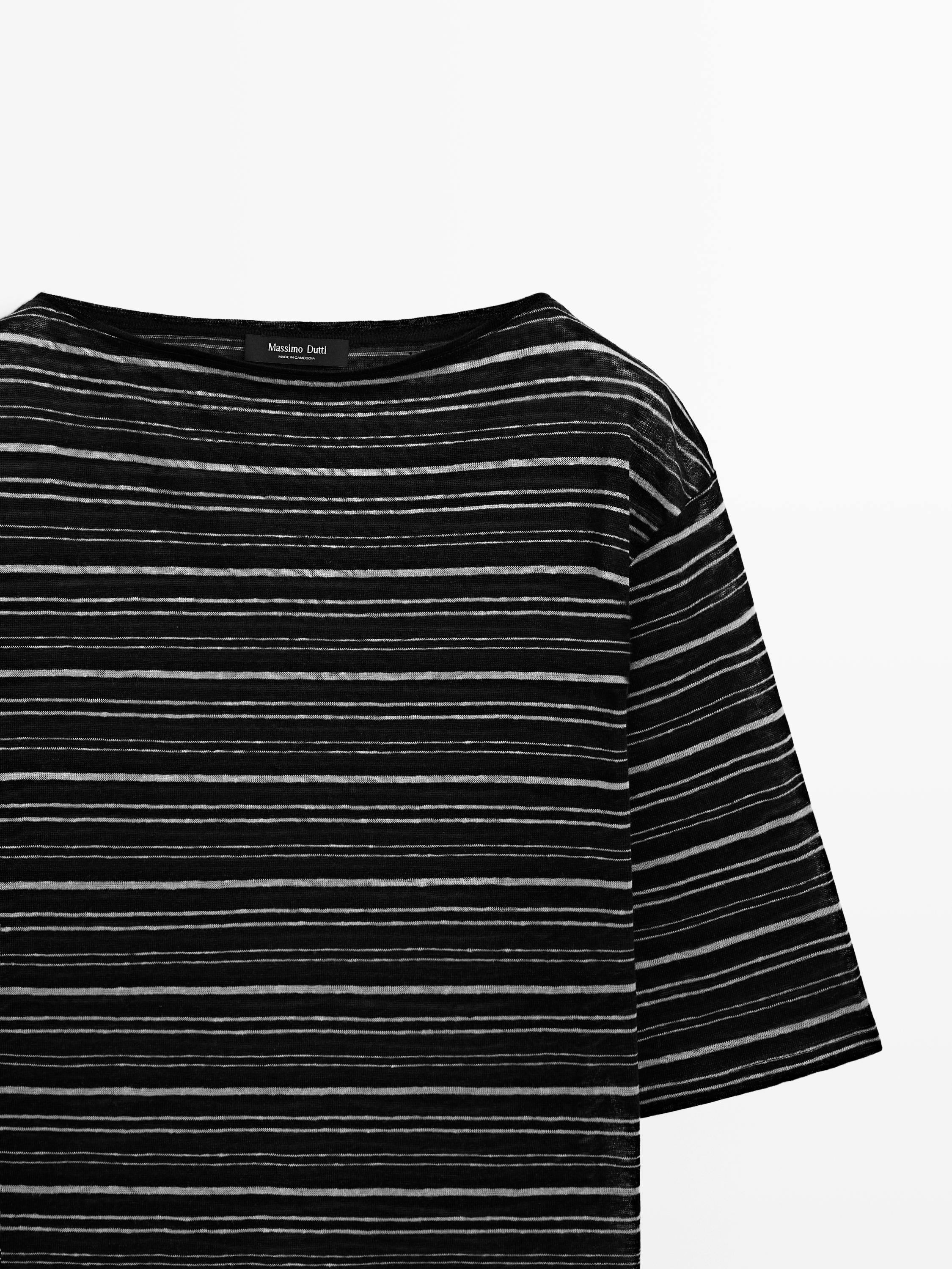 Striped linen 3/4 sleeve knit T-shirt